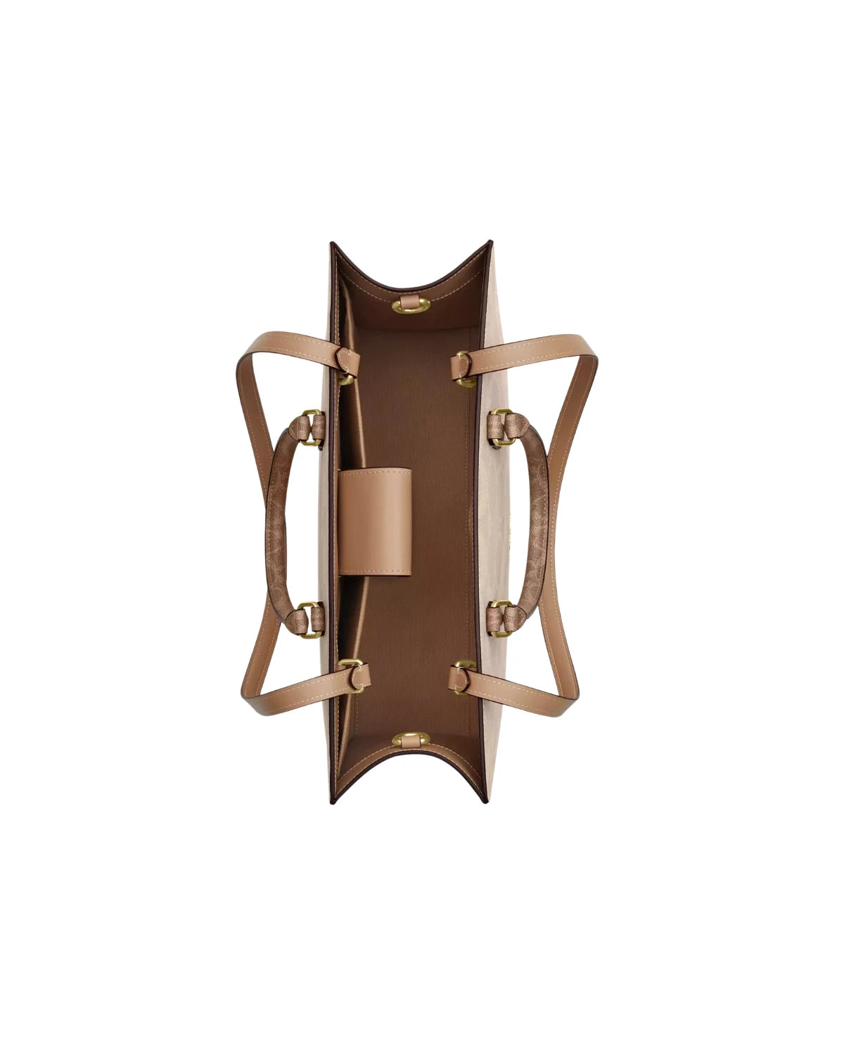 Open view of the Coach Maggie Tote Bag CY677 showing fabric lining, inside zip pocket and magnetic snap closure