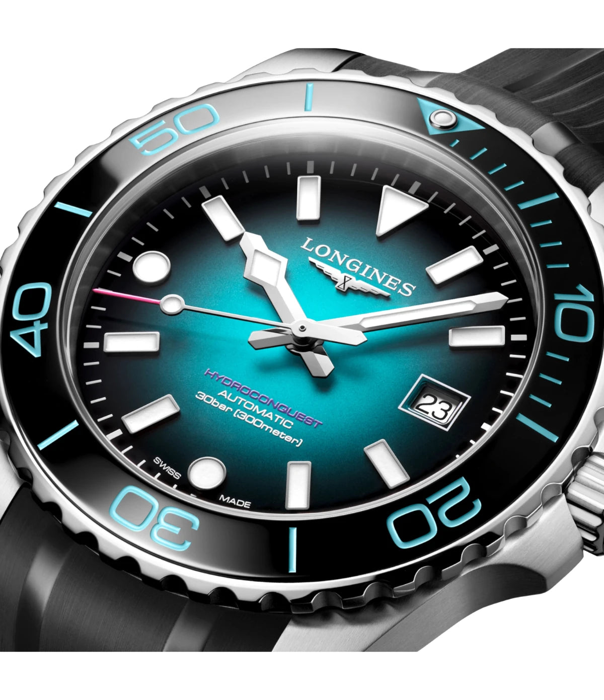Longines HydroConquest 2026 Commonwealth Games L3.788.4.09.9 close-up dial detail showing the sapphire crystal, anti-reflective coating, and date window at Time Vault