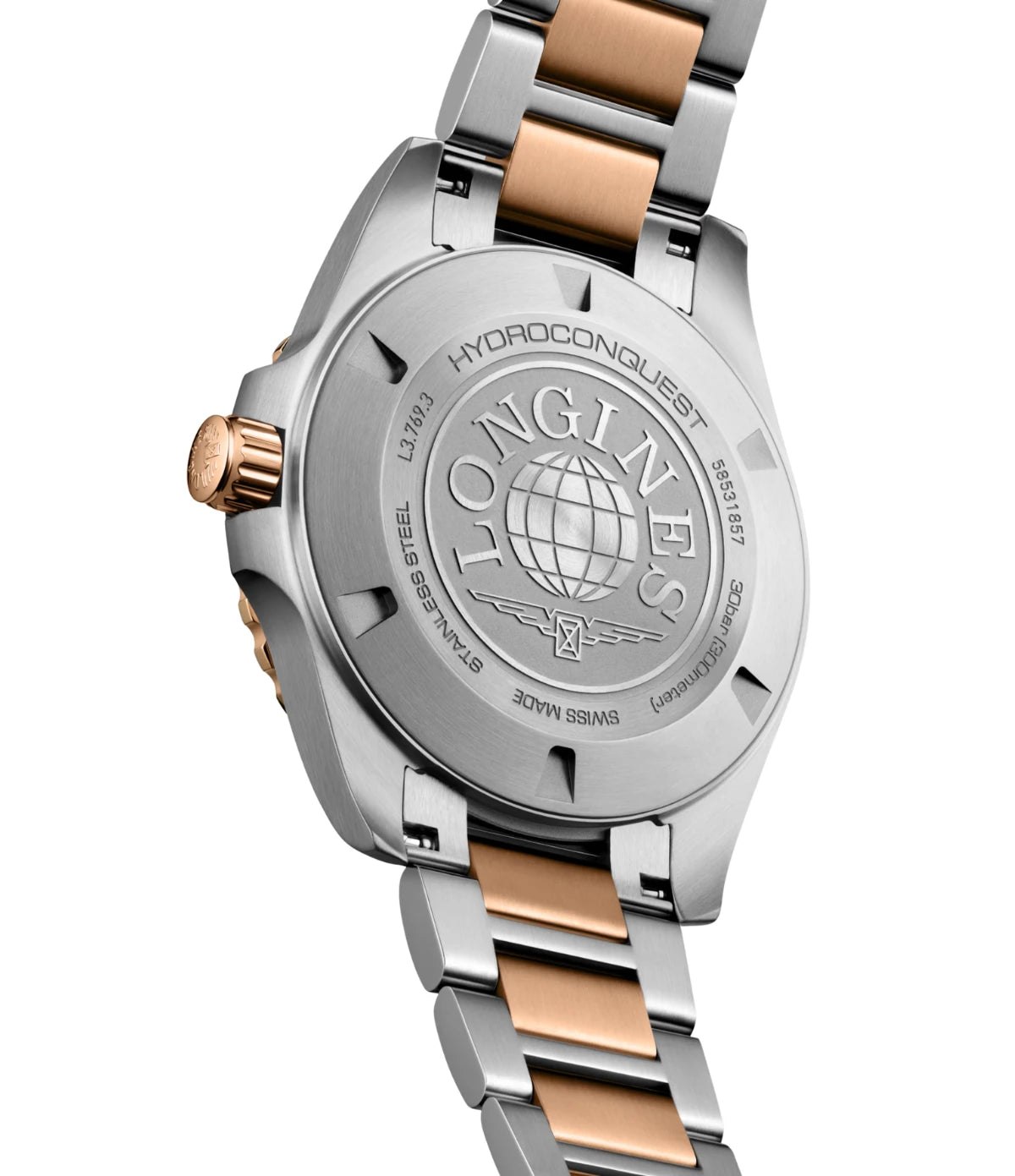Screw-down caseback of the Longines HydroConquest 42mm L3.769.3.58.7 stainless steel case