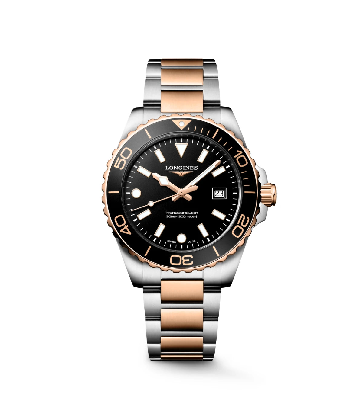 Longines HydroConquest 42mm L3.769.3.58.7 front view - men's stainless steel quartz dive watch with black sandblasted dial and red PVD coating, available in Sri Lanka at Timevault