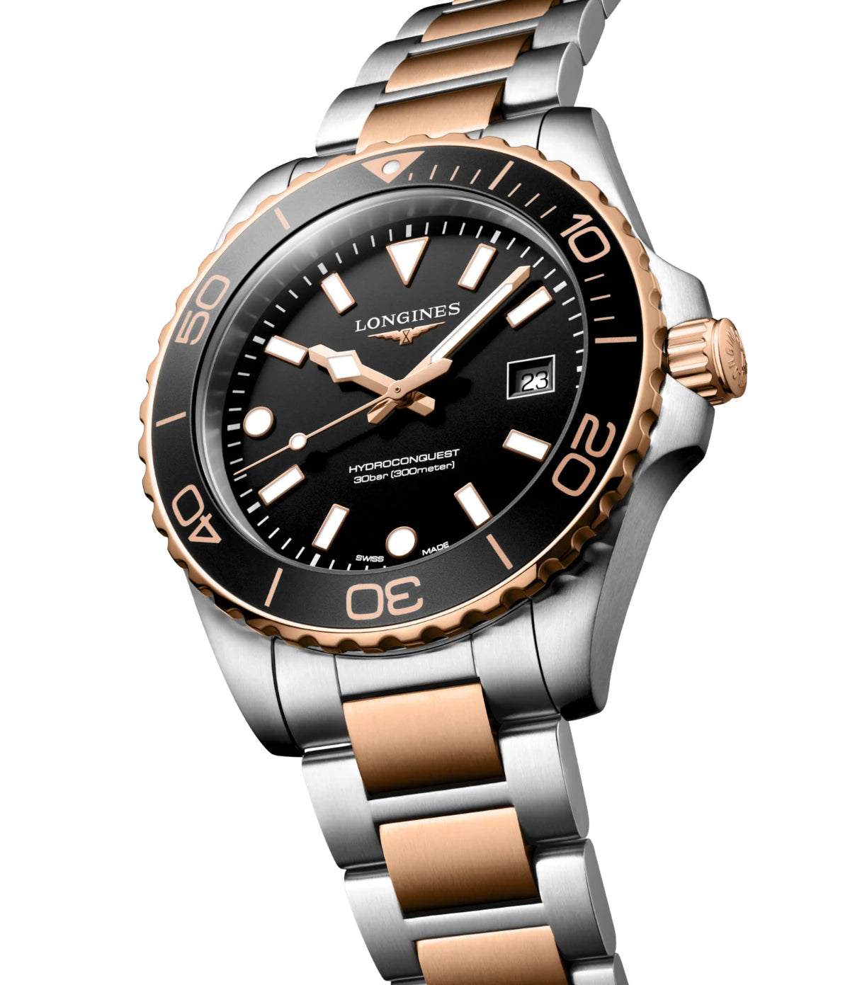 Side profile of the Longines HydroConquest 42mm L3.769.3.58.7 showing unidirectional rotating bezel and screw-in crown