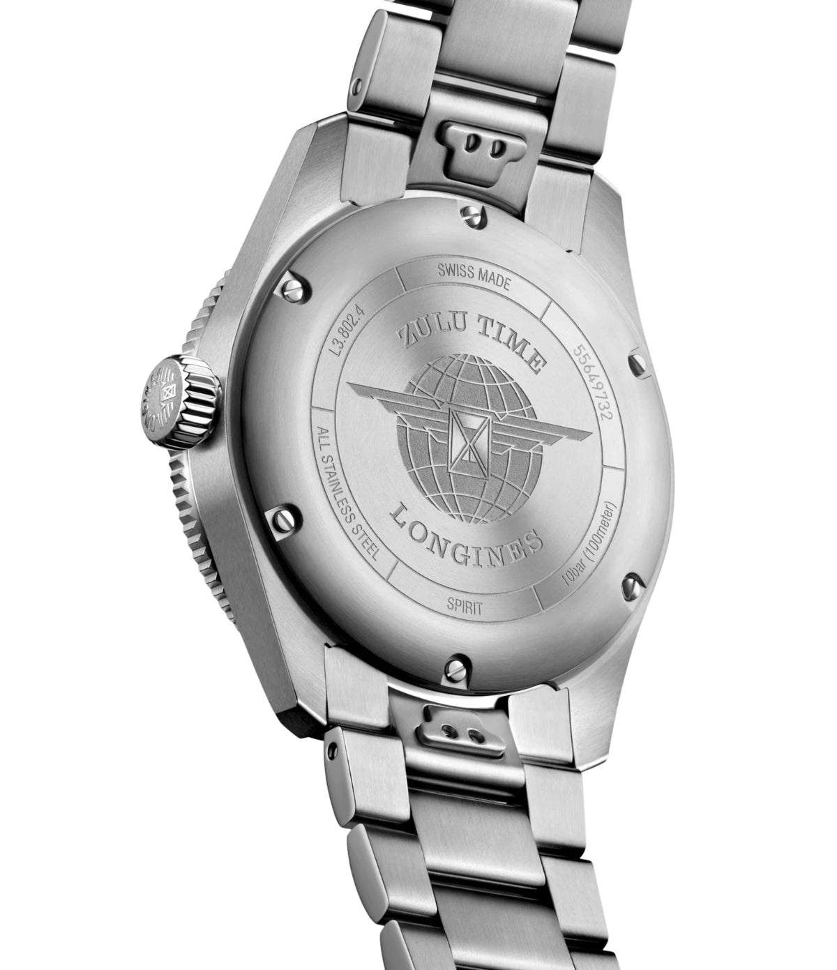 Back view of the Longines Spirit Zulu Time 39mm L3.802.4.60.6 stainless steel case