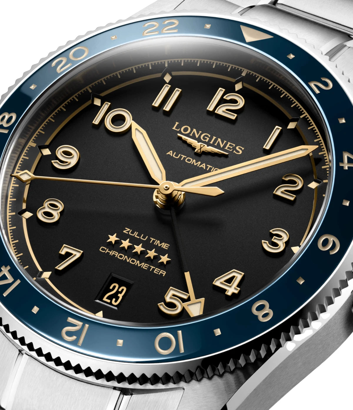 Close-up of the anthracite dial on the Longines Spirit Zulu Time 39mm L3.802.4.60.6 showing Swiss Super-LumiNova indexes and GMT hand