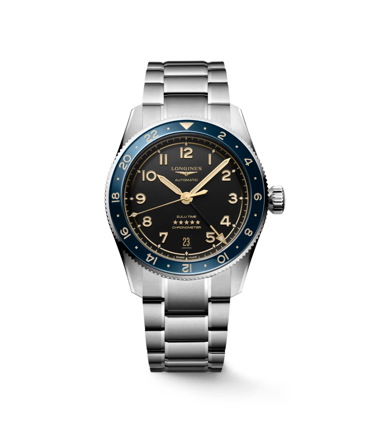 Longines Spirit Zulu Time 39mm L3.802.4.60.6 front view - unisex GMT automatic watch with anthracite dial and ceramic bezel, available in Sri Lanka at Timevault