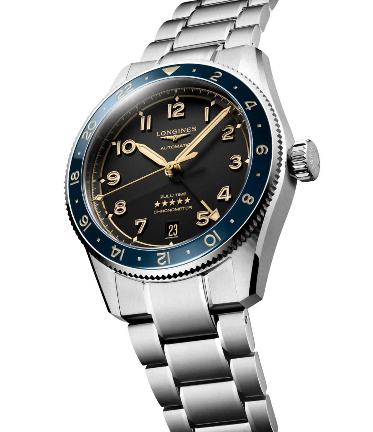 Side profile of the Longines Spirit Zulu Time 39mm L3.802.4.60.6 showing bidirectional rotating ceramic bezel and screw-in crown