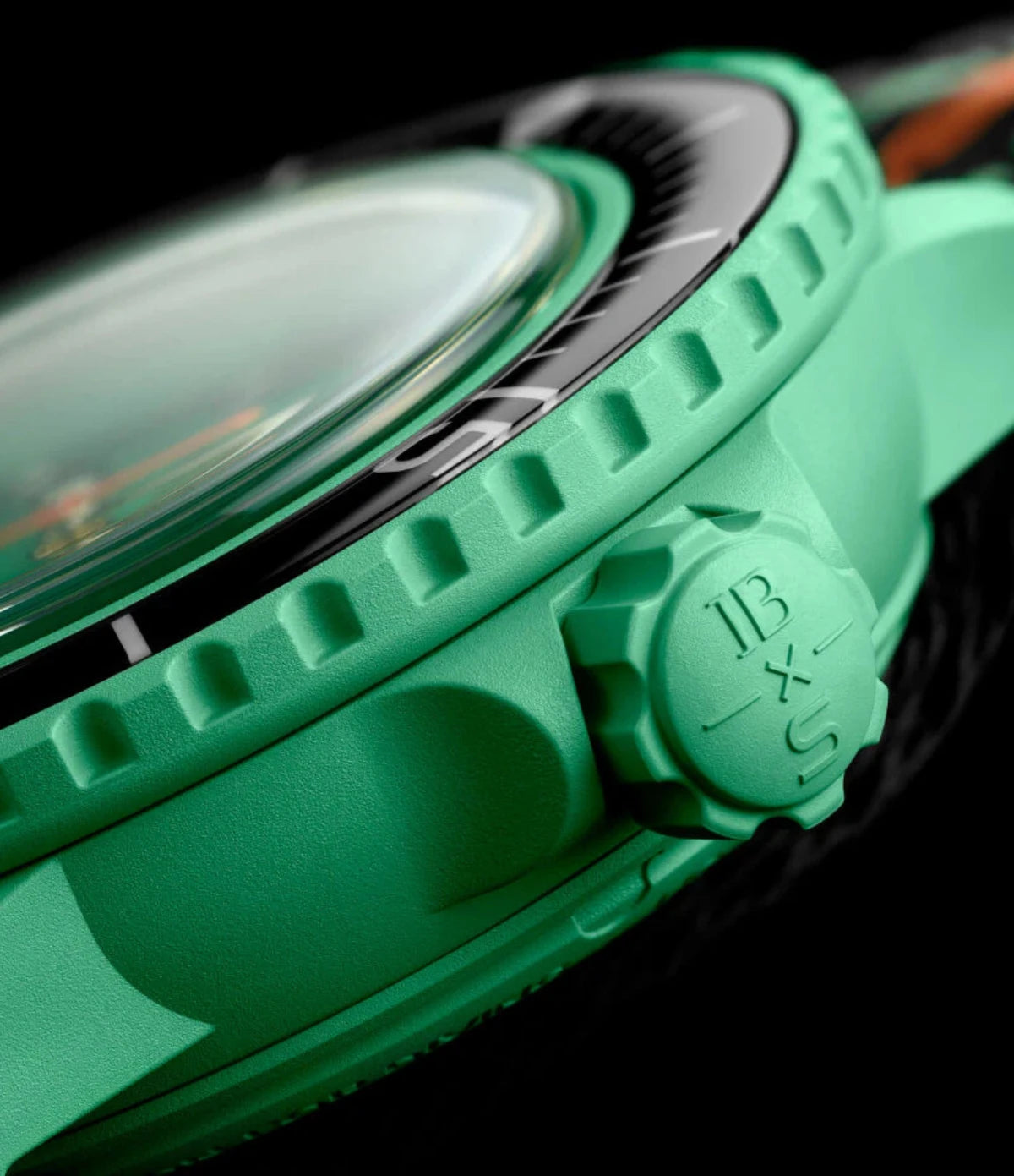 Close-up of the green Bioceramic crown on the Blancpain X Swatch Scuba Fifty Fathoms Indian Ocean SO35I100C diver's watch