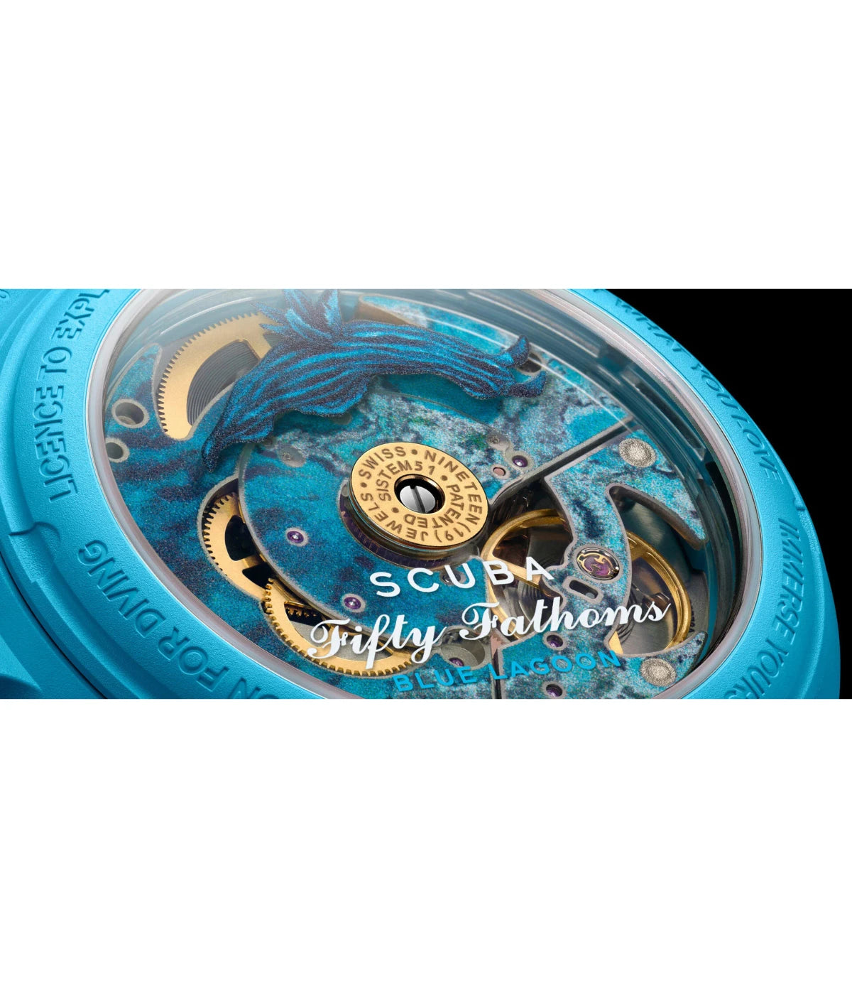 Close-up of the engraved caseback details on the Blancpain X Swatch Blue Lagoon SO35L400 showing the five inspirational inscriptions and nudibranch illustration