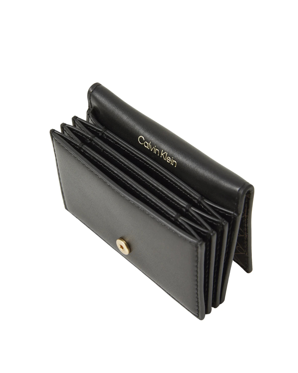 Open view of the Calvin Klein Allover Monogram Logo Accordion Card Case 4F1083G2XA showing expanded accordion pockets for card storage