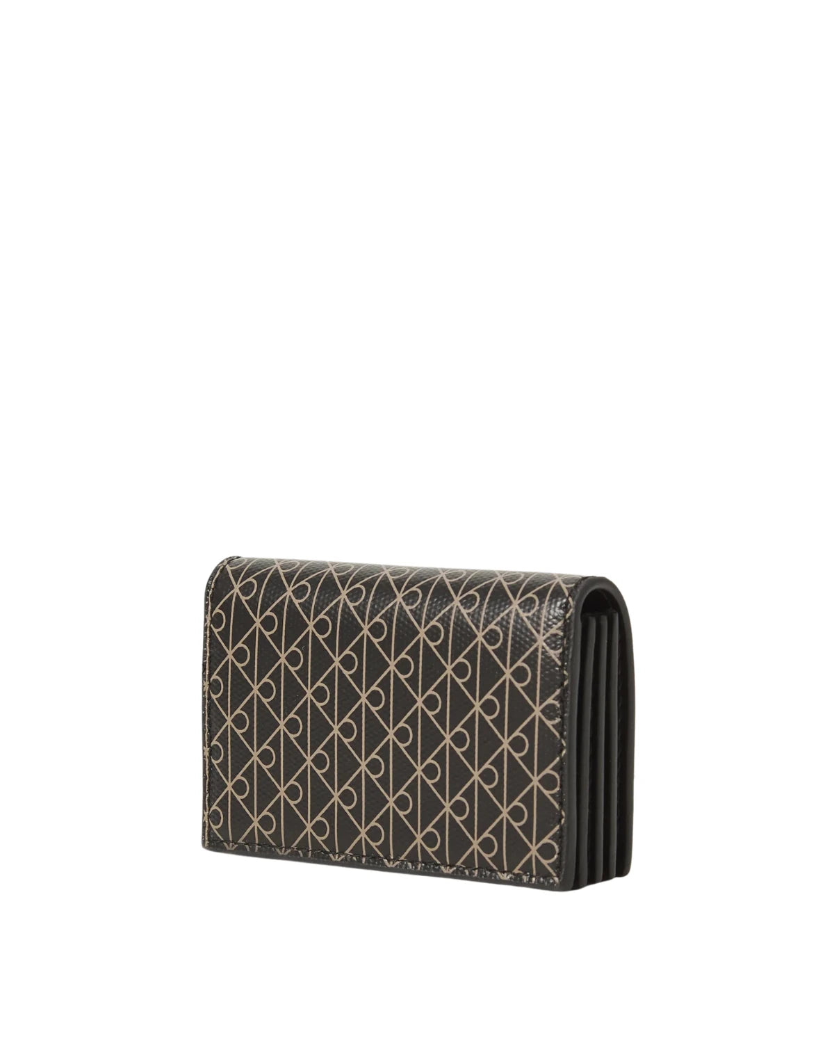 Side profile of the Calvin Klein Allover Monogram Logo Accordion Card Case 4F1083G2XA showing slim accordion silhouette and snap button closure