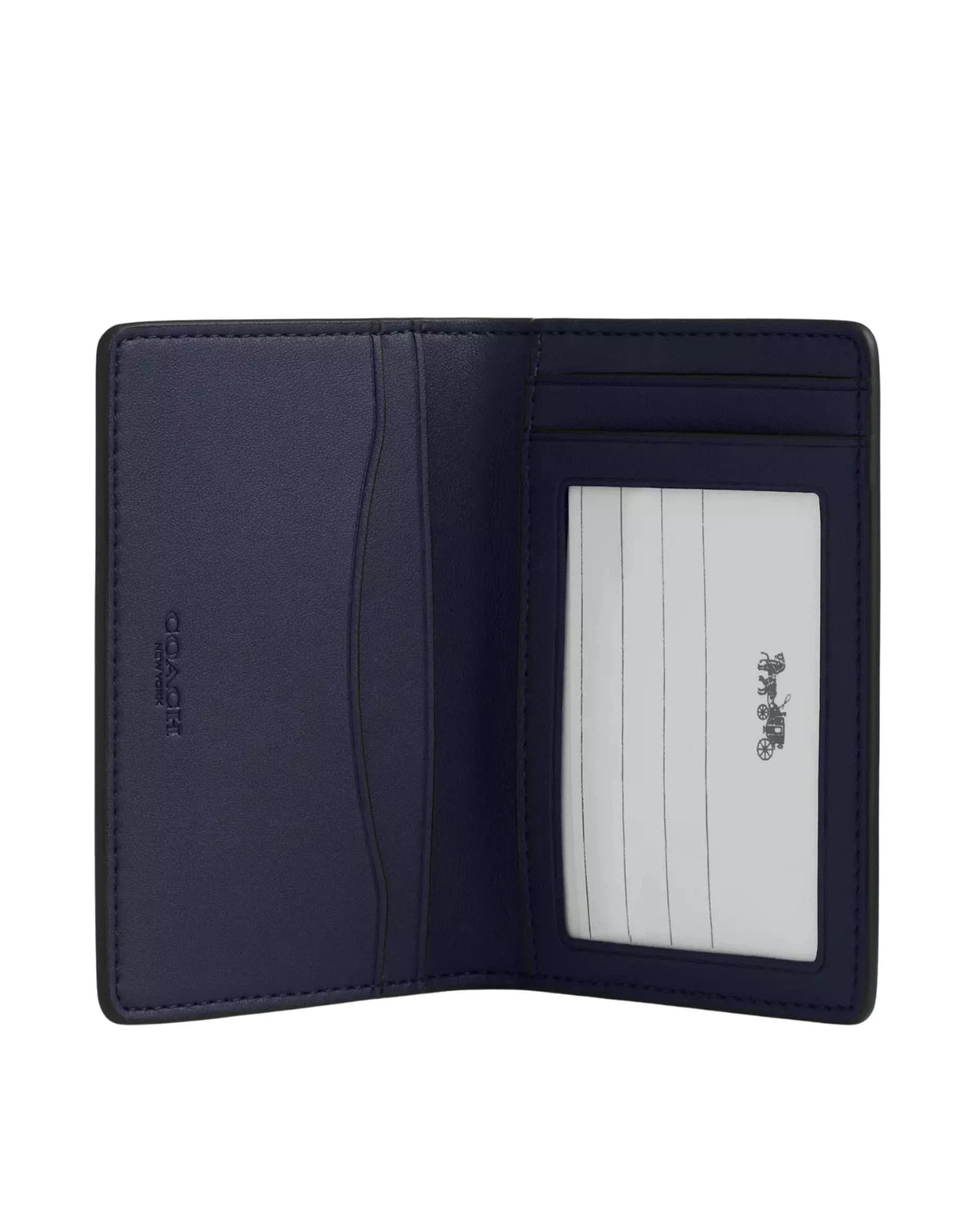 Open view of the Coach ID Wallet in Signature Camo Print CW216 showing three credit card slots, ID window and outside open pocket