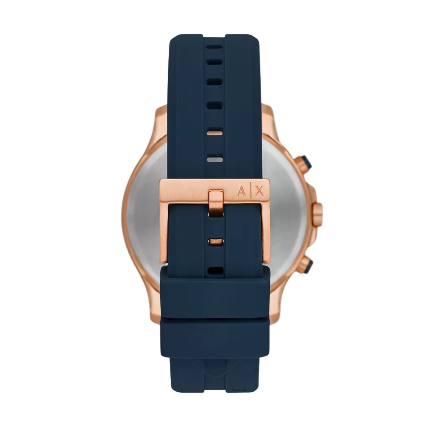 Rear view of the AX2440 displaying the stainless steel case back and the blue silicone strap with buckle closure.
