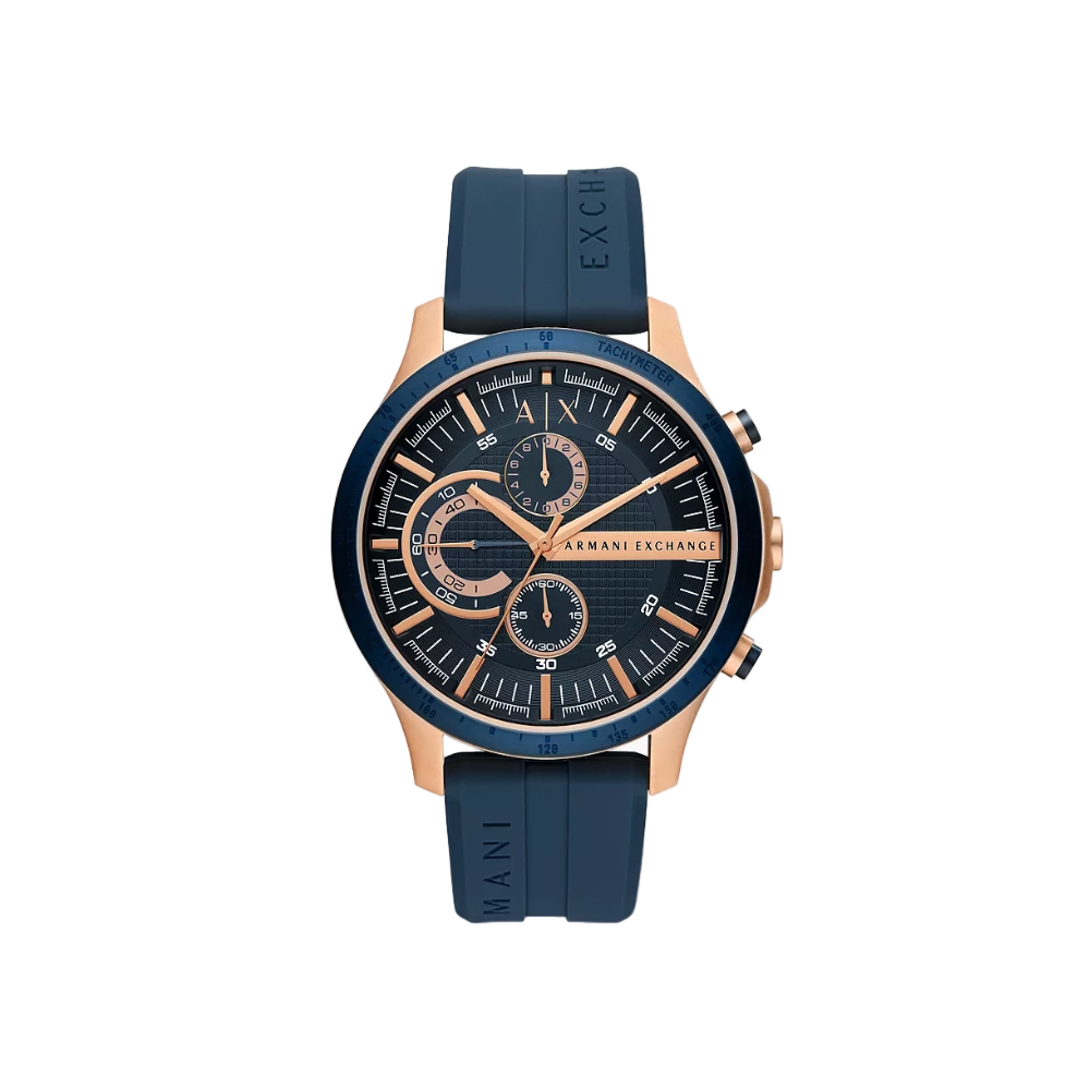 Front view of the Armani Exchange AX2440 watch showcasing the blue dial and rose gold-tone case with a blue silicone strap.