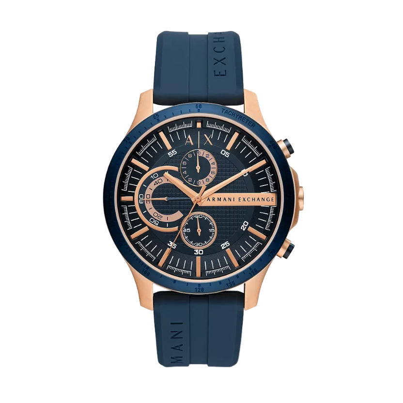 Front view of the Armani Exchange AX2440 watch showcasing the blue dial and rose gold-tone case with a blue silicone strap.