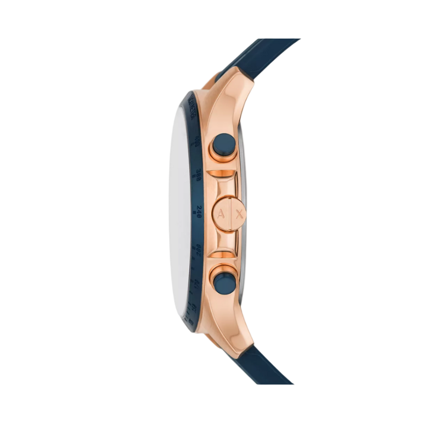Angled perspective of the AX2440 showing the crowns within the rose gold-tone case.
