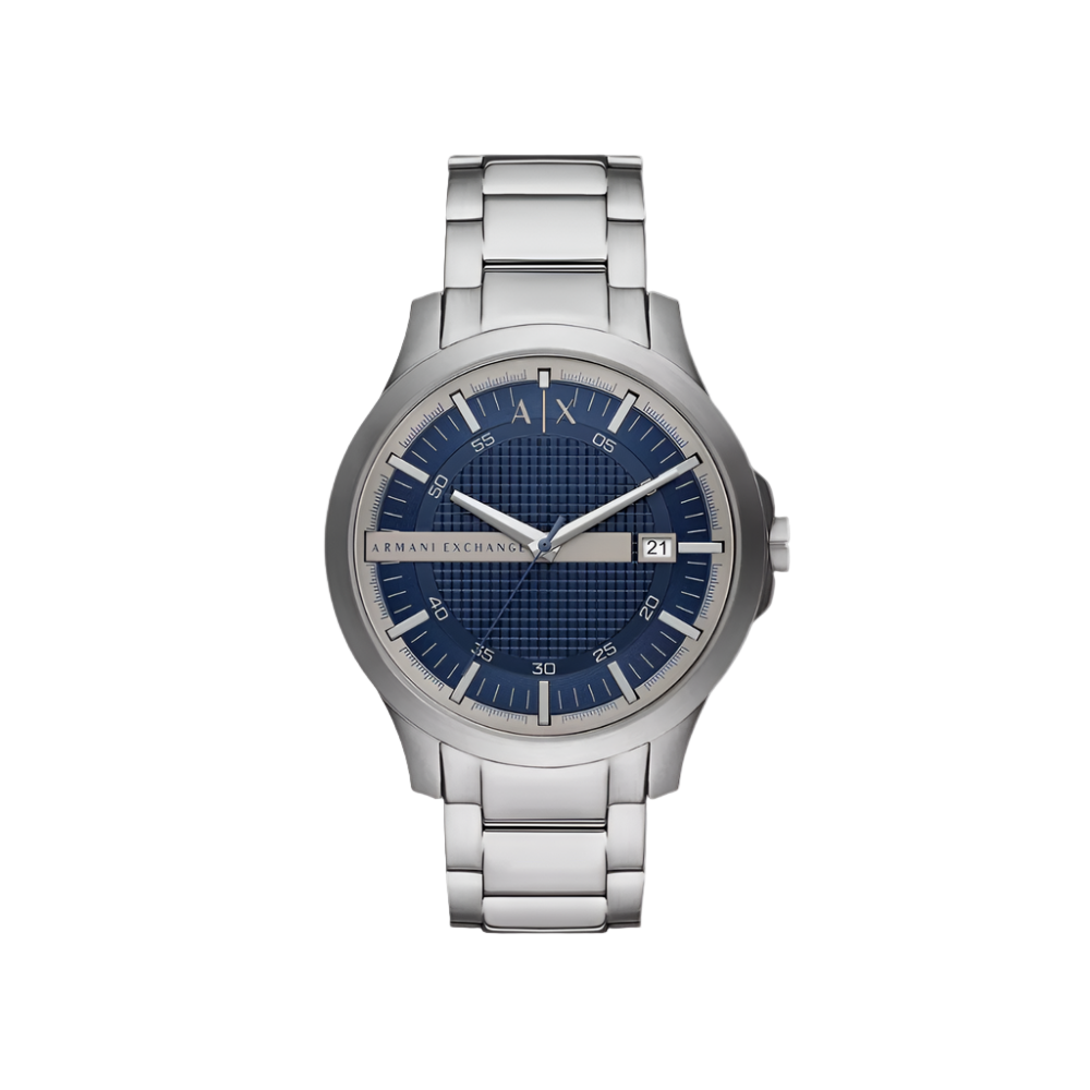 Front view of the Armani Exchange AX2451 watch featuring a blue sunray-textured dial and stainless steel bracelet.