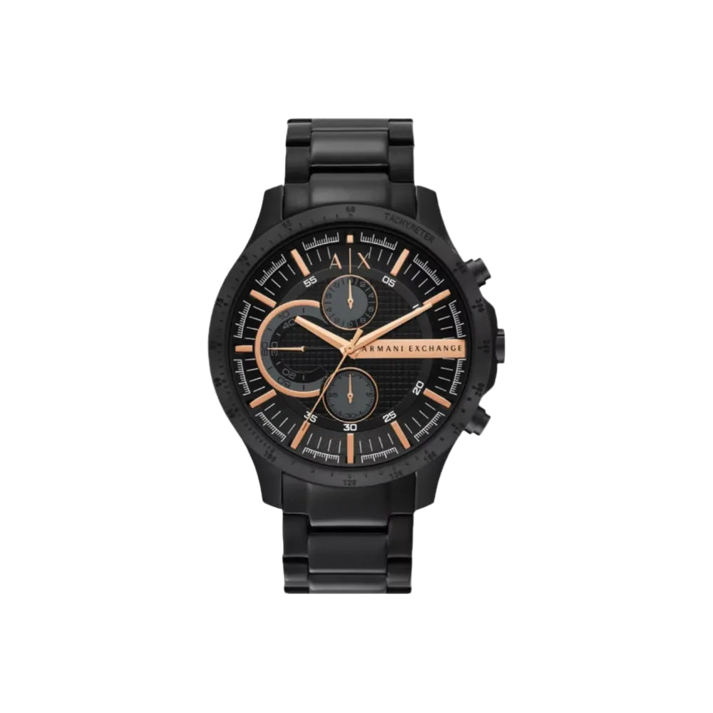 Front view of the Armani Exchange AX2429 chronograph watch with a black dial and stainless steel bracelet.Front view of the Armani Exchange AX2429 chronograph watch with a black dial and stainless steel bracelet.