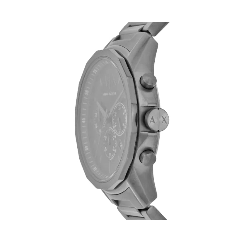 Angled view of the Armani Exchange AX1731 watch showcasing the detailed black dial, crown and gunmetal-tone case for a modern, stylish look.