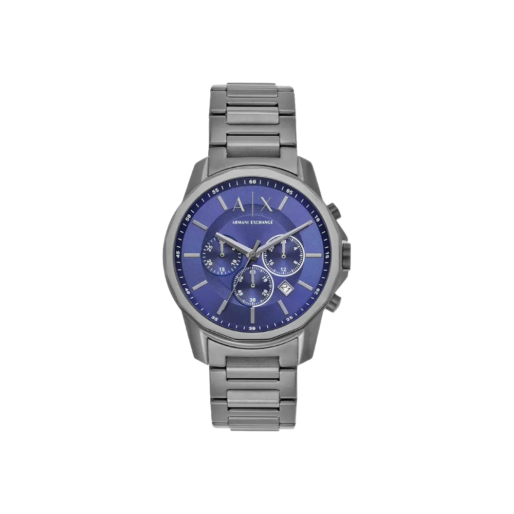 Front view of the Armani Exchange Gunmetal Chronograph Watch AX1731 with black dial and stainless steel bracelet.