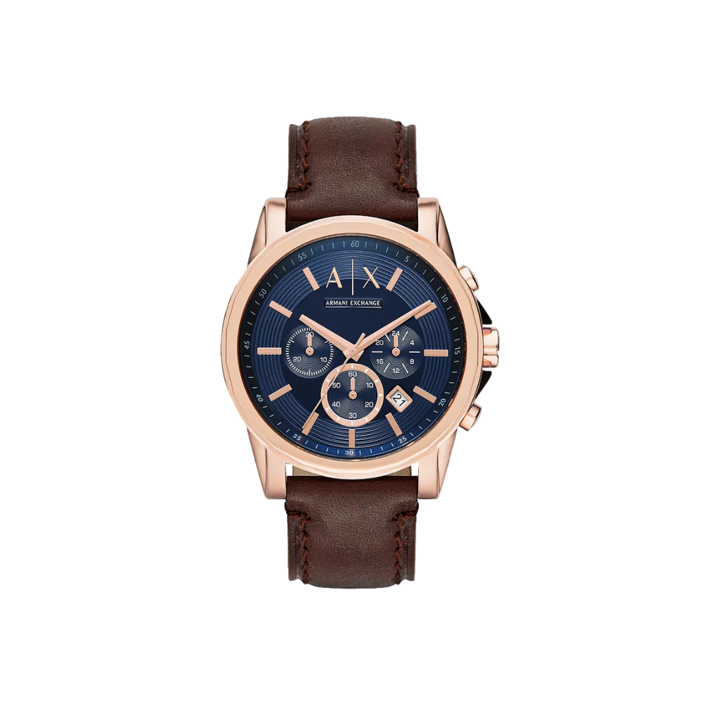 Front view of the Armani Exchange Outerbanks Chronograph Watch with a brown leather strap and detailed dial.