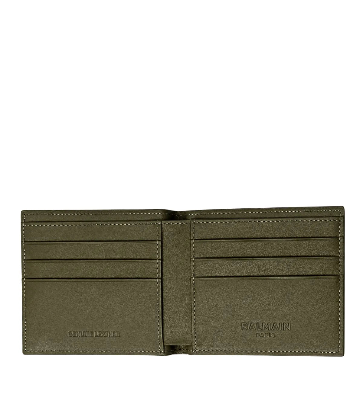Balmain Pebbled Leather Bifold Wallet in Olive green open view - men's olive green Balmain wallet, available in Sri Lanka at Time Vault