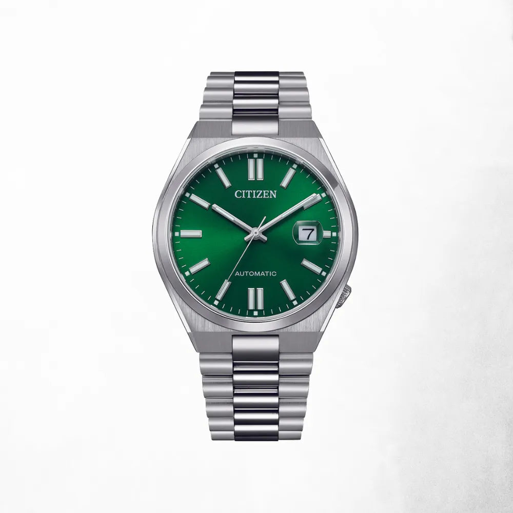 Front view of the Citizen Automatic Gents Watch with emerald green dial and stainless steel bracelet.