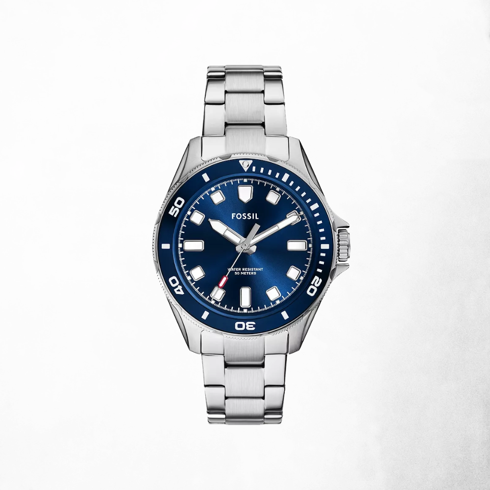 Front view of the Dalton Three-Hand Stainless Steel Watch with white dial and steel strap.
