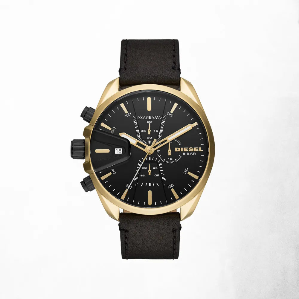 Front view of the Diesel MS9 Chronograph Watch with black dial and stainless steel case.