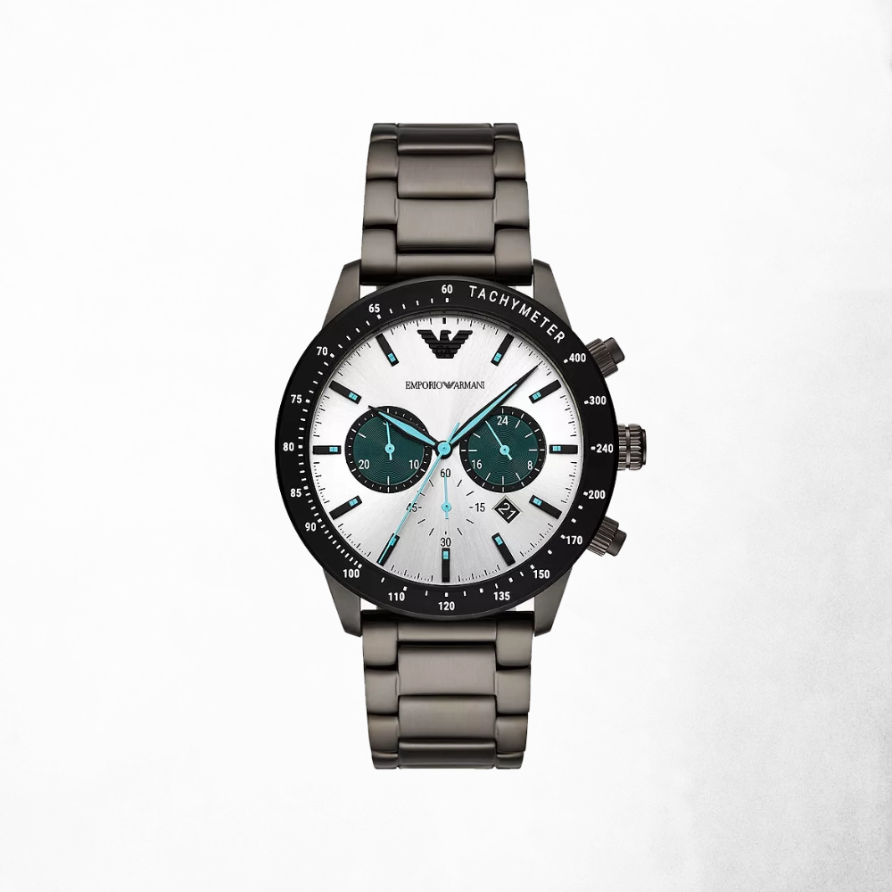 Front view of the Emporio Armani Chronograph Gunmetal Stainless Steel Watch with grey dial.
