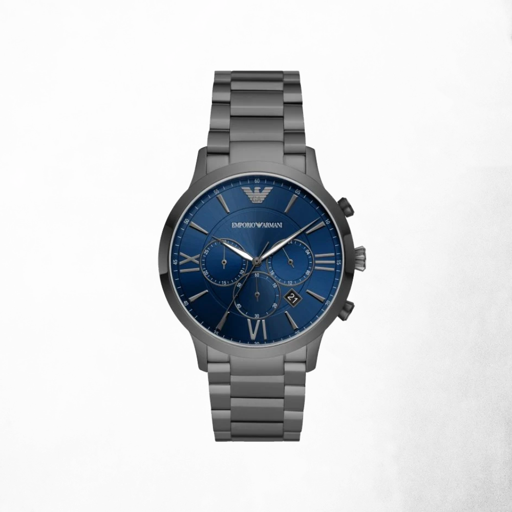 Front view of the Emporio Armani Giovanni Chronograph AR11348 with blue dial and grey steel strap.
