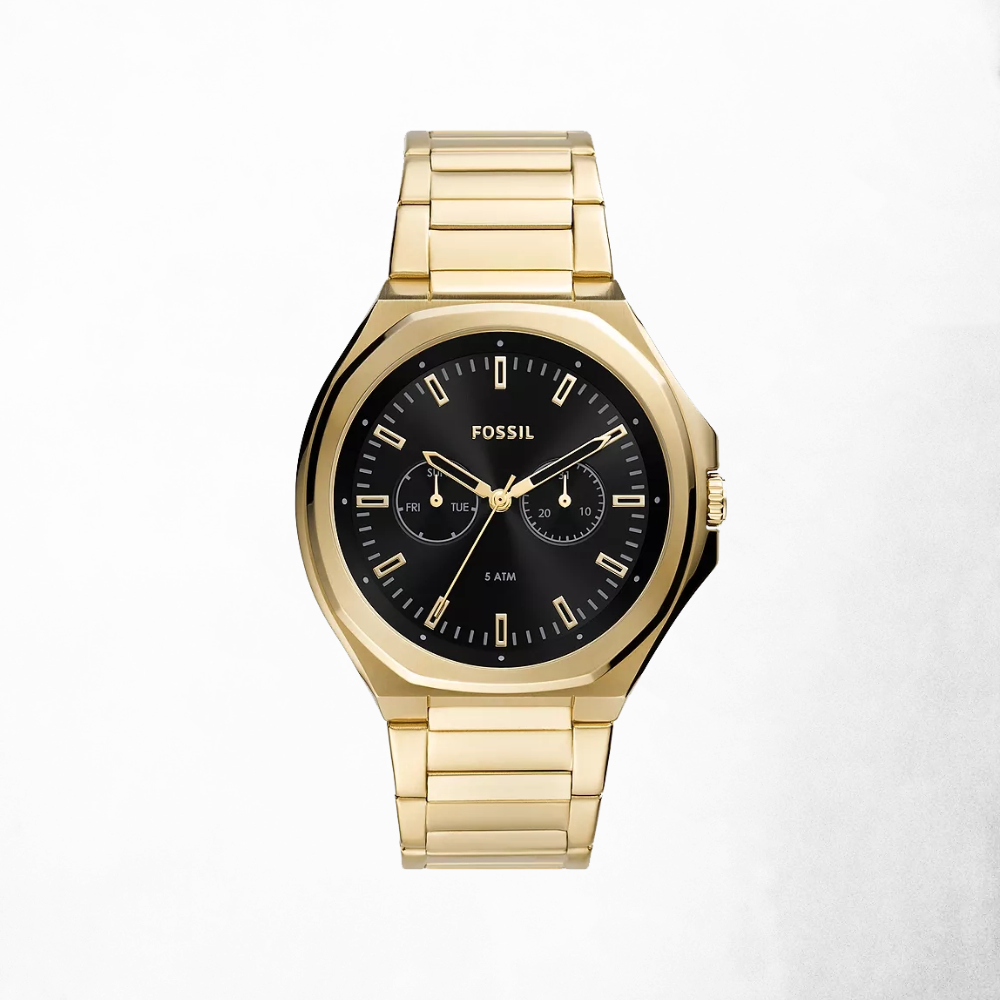 Front view of the Evanston Multifunction Gold-Tone Stainless Steel Watch with black dial.
