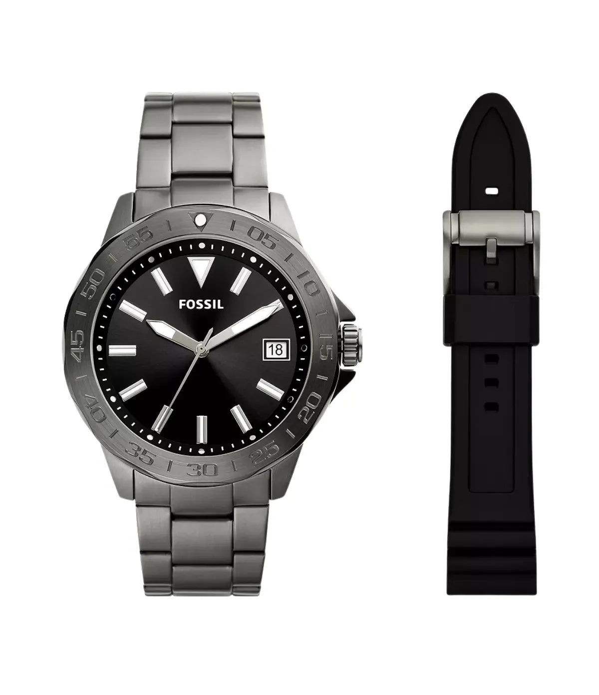 Fossil Bannon 45mm Three-Hand Date Watch and Strap Box Set BQ2785SET front view - men's smoke stainless steel watch with black dial and additional black silicone strap, available in Sri Lanka at Time Vault
