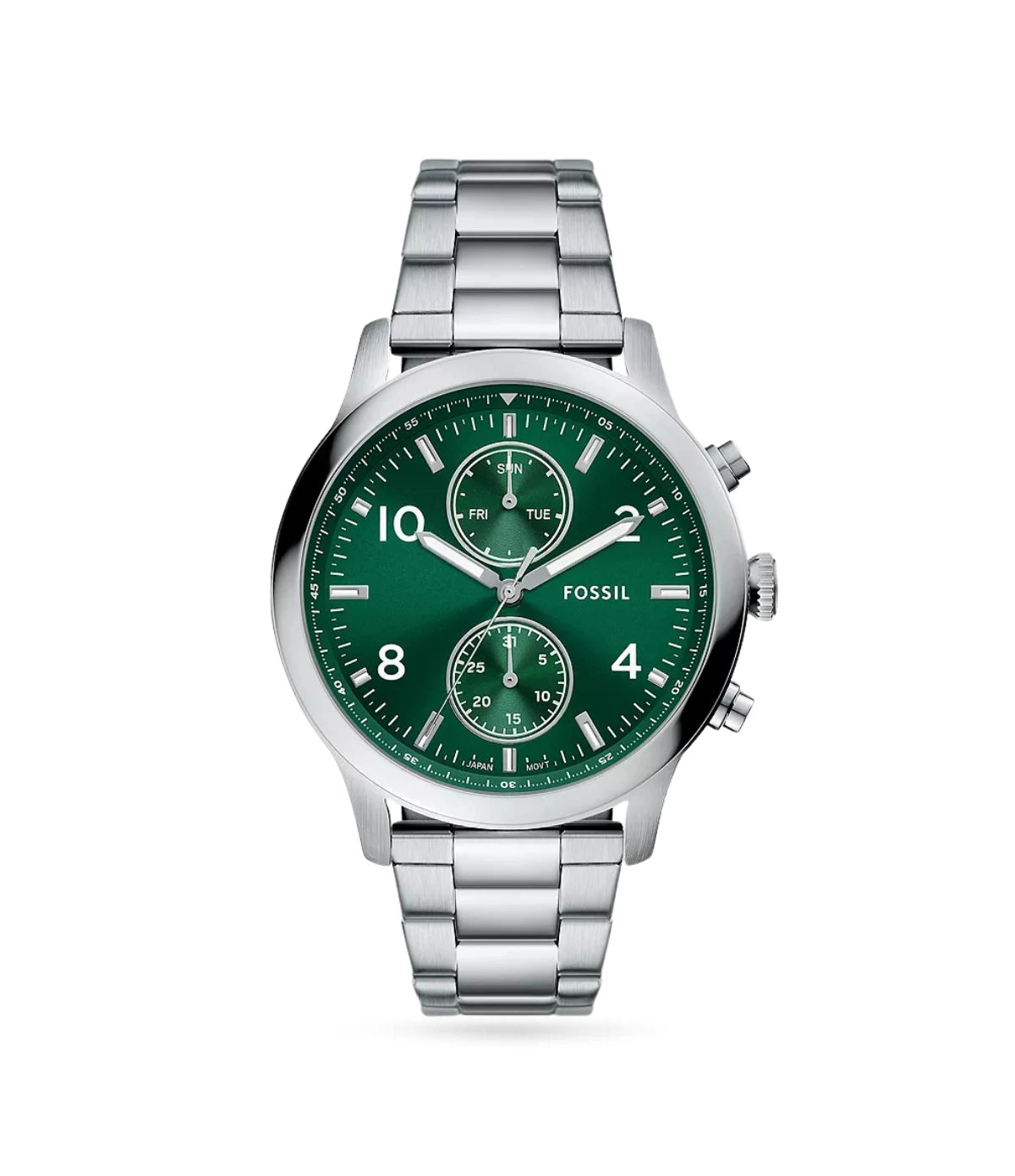 Fossil Bennett 45mm Multifunction Stainless Steel Watch BQM7092 front view - men's silver watch with green sunray dial, available in Sri Lanka at Time Vault