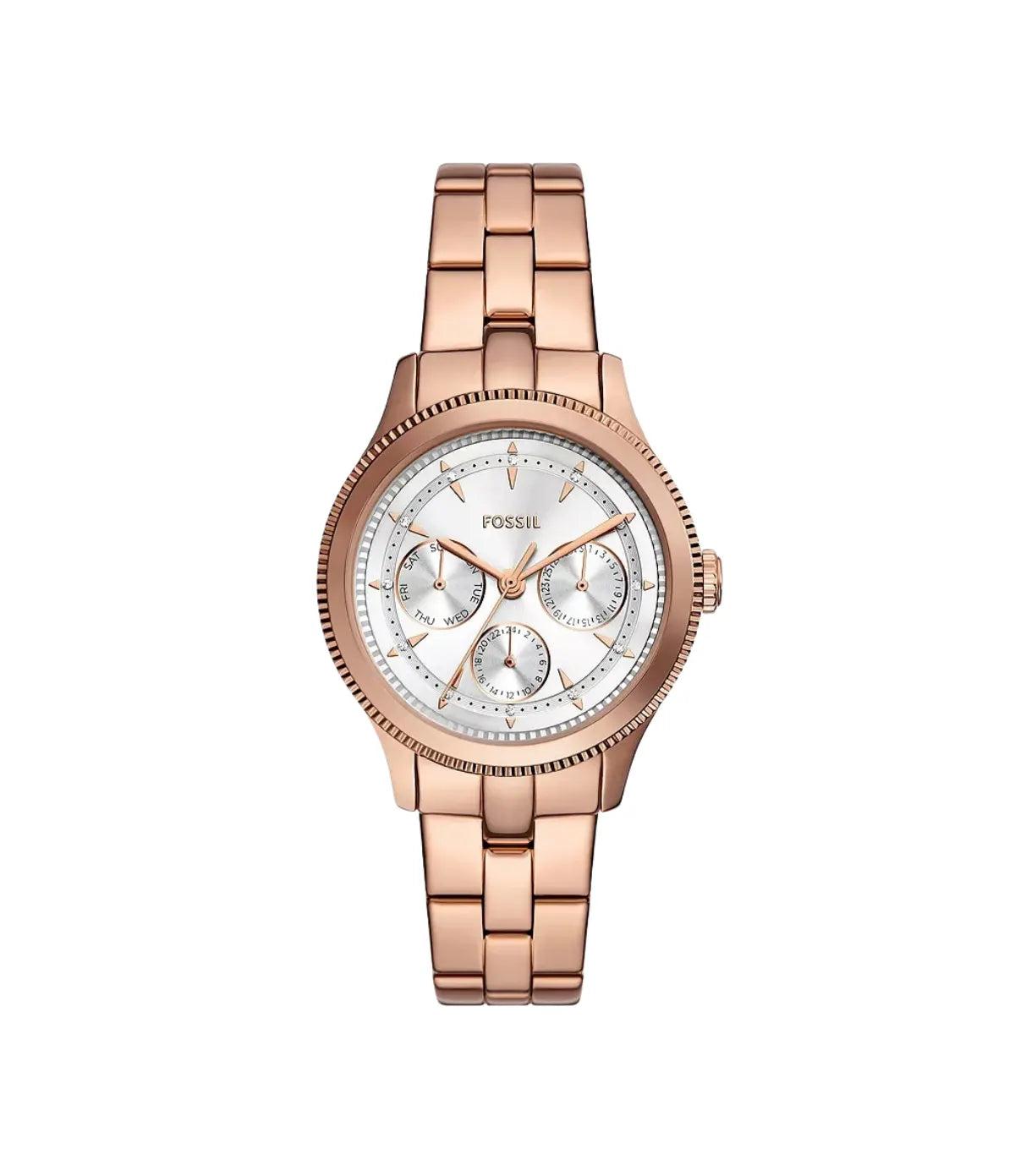 Fossil Brynn 38mm Multifunction Rose Gold-Tone Stainless Steel Watch BQ3993 front view - women's rose gold stainless steel watch with silver dial, available in Sri Lanka at Time Vault