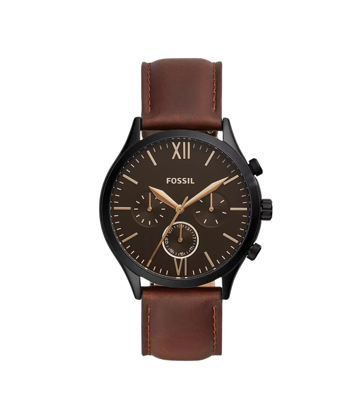 Fossil Fenmore 44mm Multifunction Brown Leather Watch BQ2453 front view - men's brown leather watch with black dial, available in Sri Lanka at Time Vault