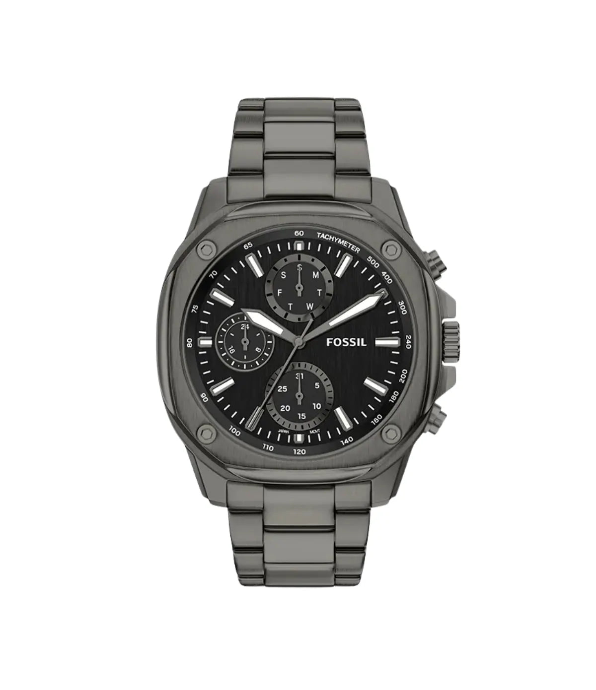 Fossil Gage 47mm Gunmetal Stainless Steel Watch BQM7141 front view - men's gunmetal stainless steel watch with black dial, available in Sri Lanka at Time Vault