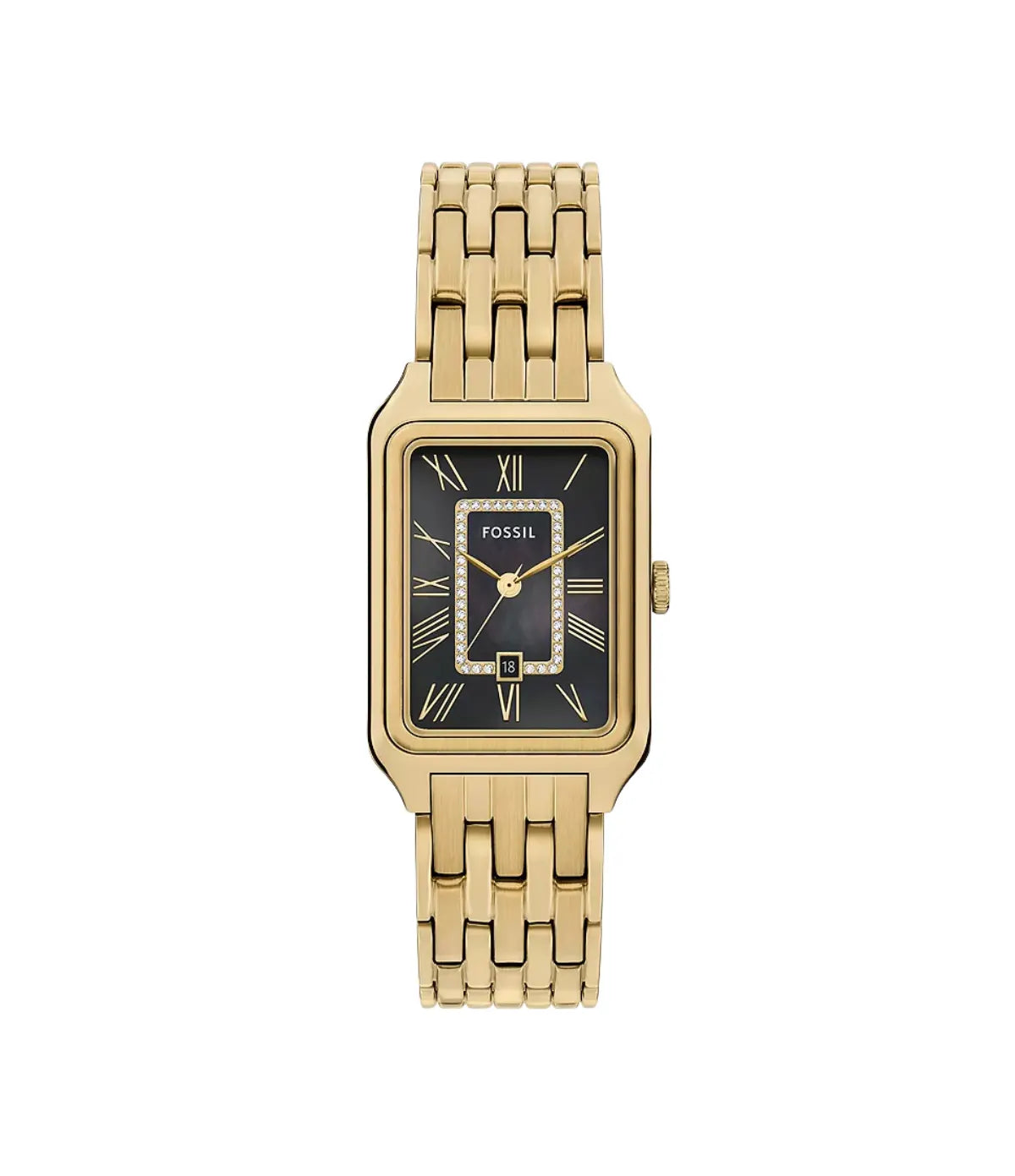 Fossil Raquel 26mm Three-Hand Date Gold-Tone Stainless Steel Watch ES5417 front view - women's gold stainless steel watch with black mother-of-pearl dial, available in Sri Lanka at Time Vault