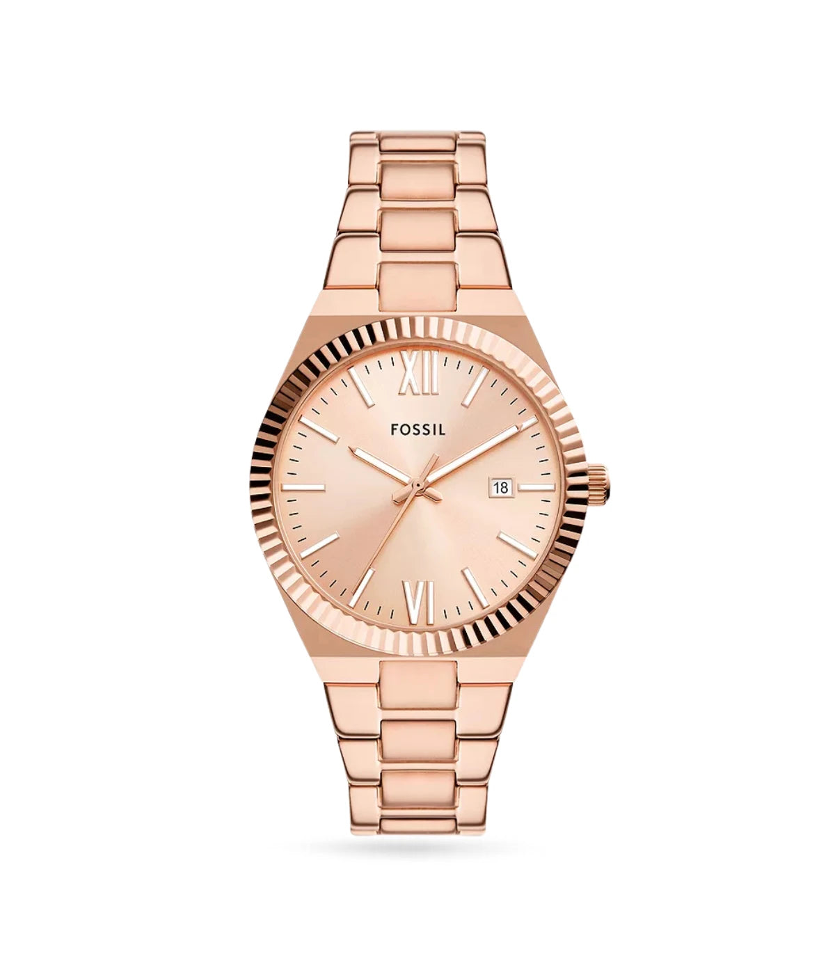 Fossil Scarlette 38mm Three-Hand Date Rose Gold-Tone Stainless Steel Watch ES5258 front view - women's rose gold watch, available in Sri Lanka at Time Vault