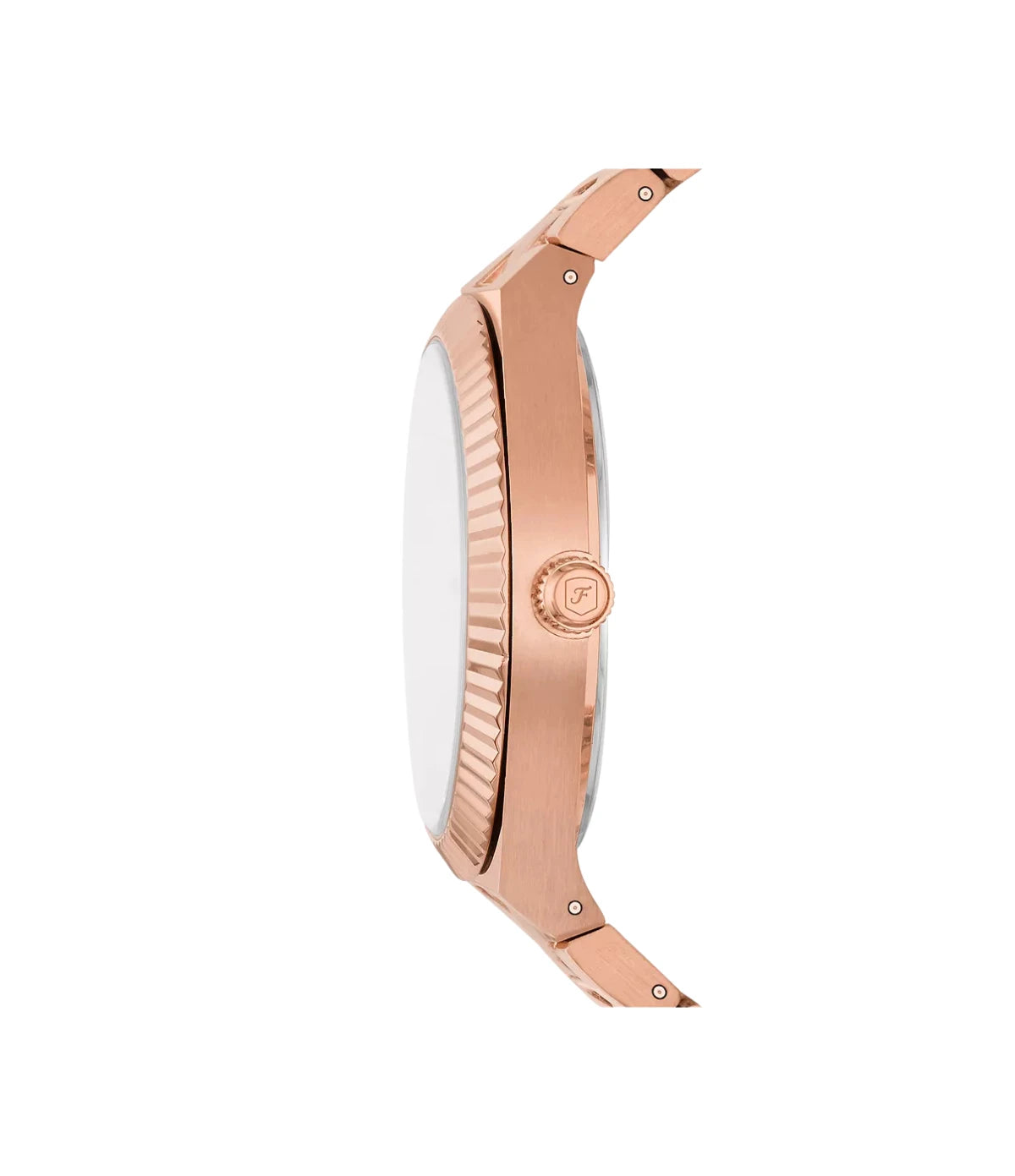 Side profile of the Fossil Scarlette ES5258 showing the rose gold-tone stainless steel case and bracelet