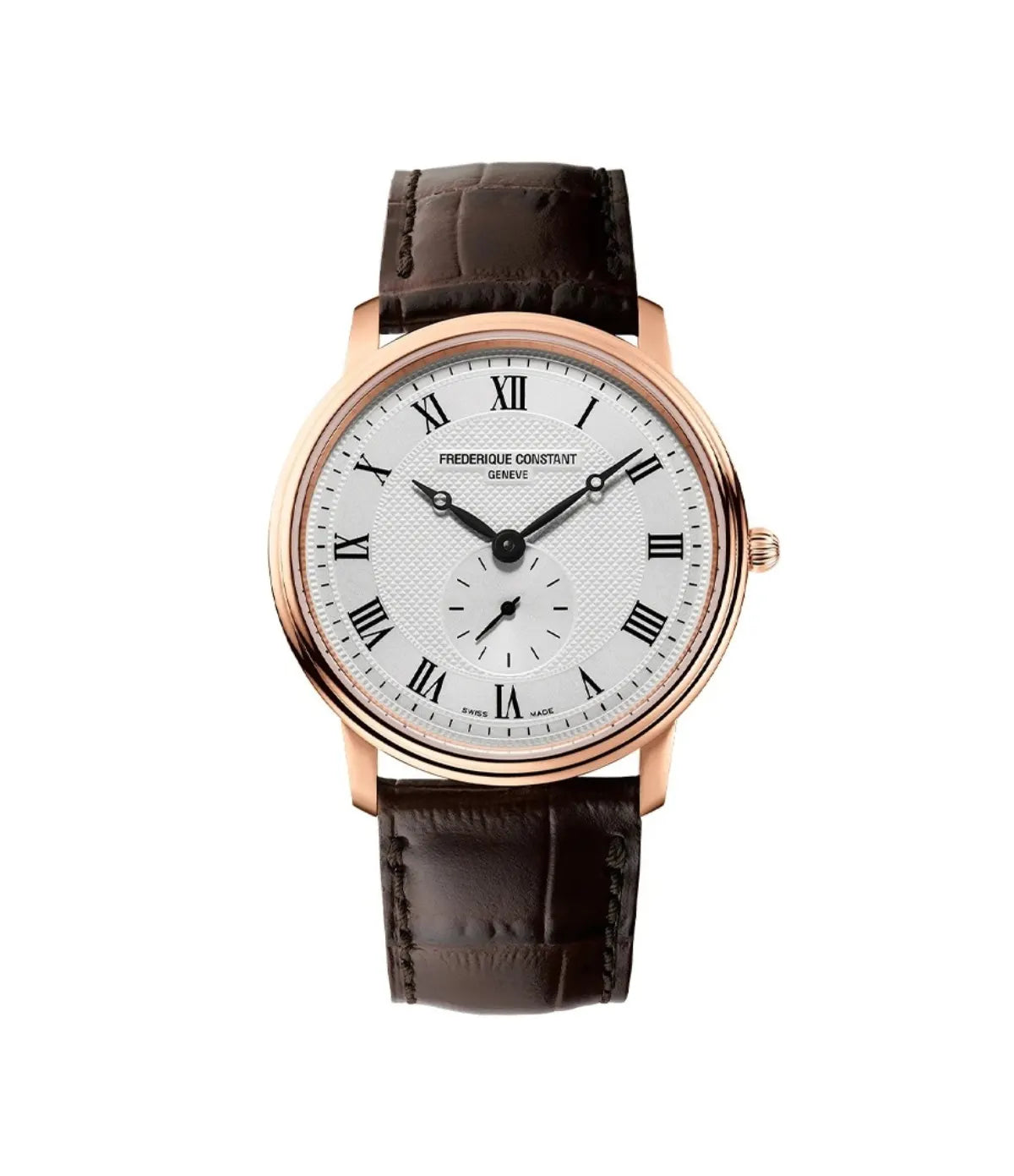 Frederique Constant Slimline Gents Small Seconds FC-235M4S4 front view - men's stainless steel dress watch with silver dial and small seconds subdial