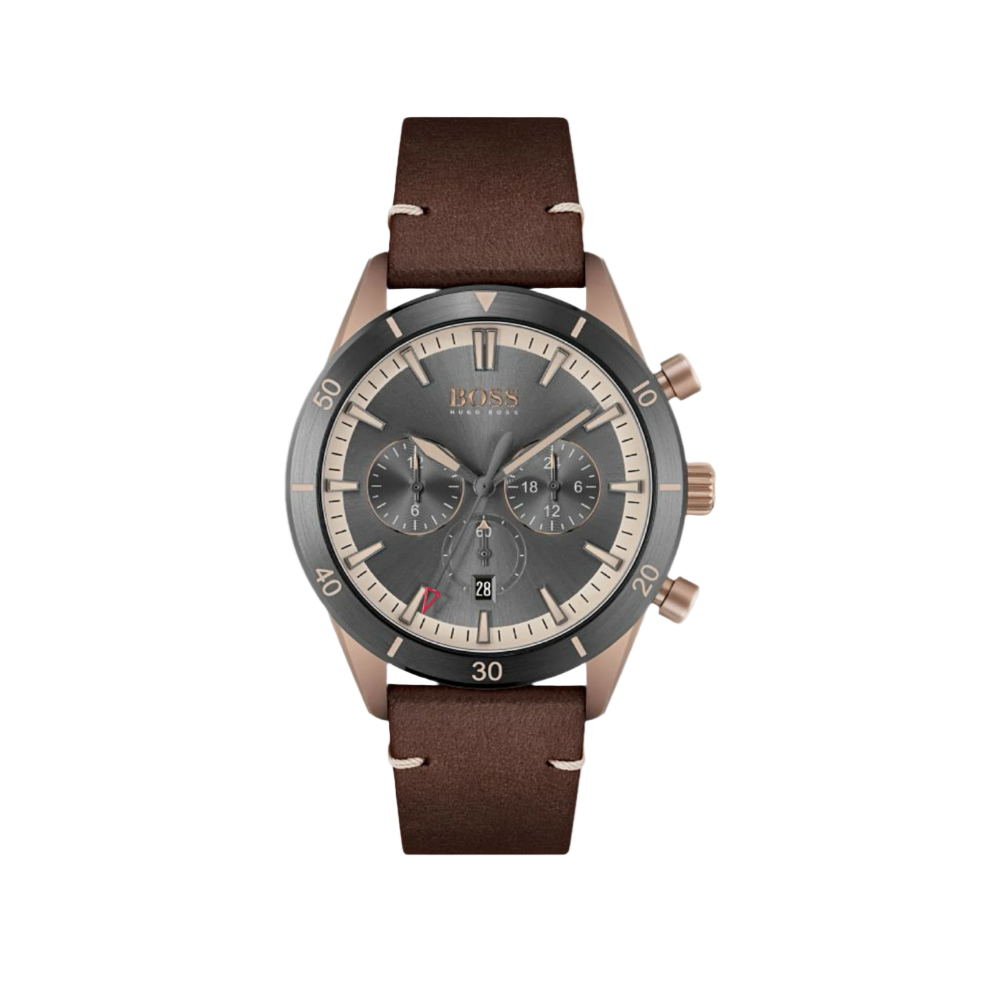 Front view of the Hugo Boss Chronograph Watch with black dial and brown leather strap.
