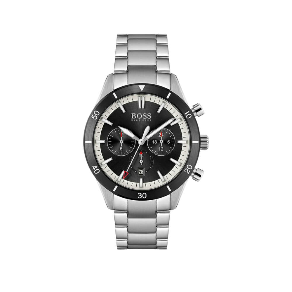 Front view of the Hugo Boss Chronograph Watch with black dial and stainless steel bracelet.
