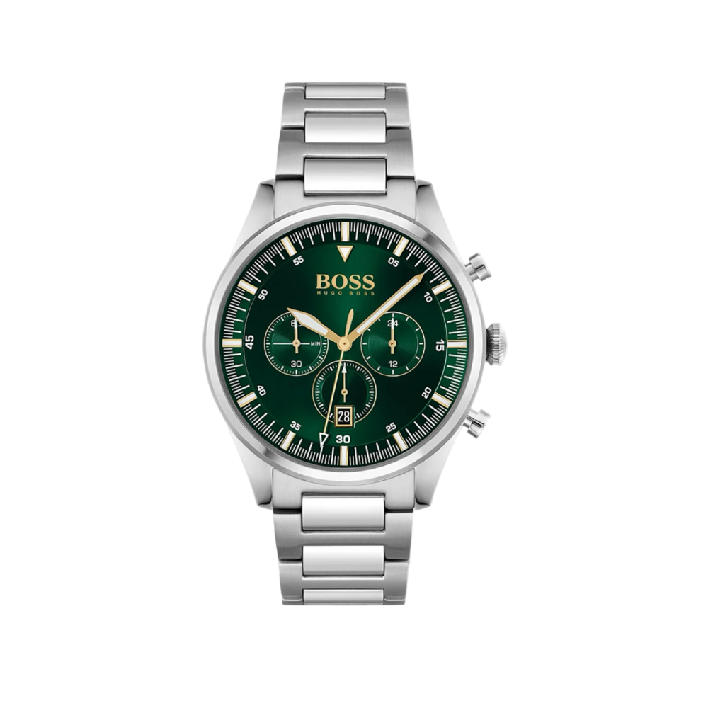 Front view of the Hugo Boss Pioneer Watch featuring a green dial and stainless steel bracelet.