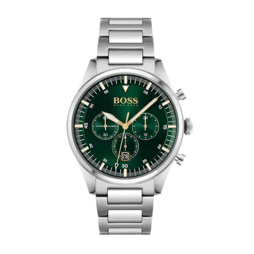 Front view of the Hugo Boss Pioneer Watch featuring a green dial and stainless steel bracelet.