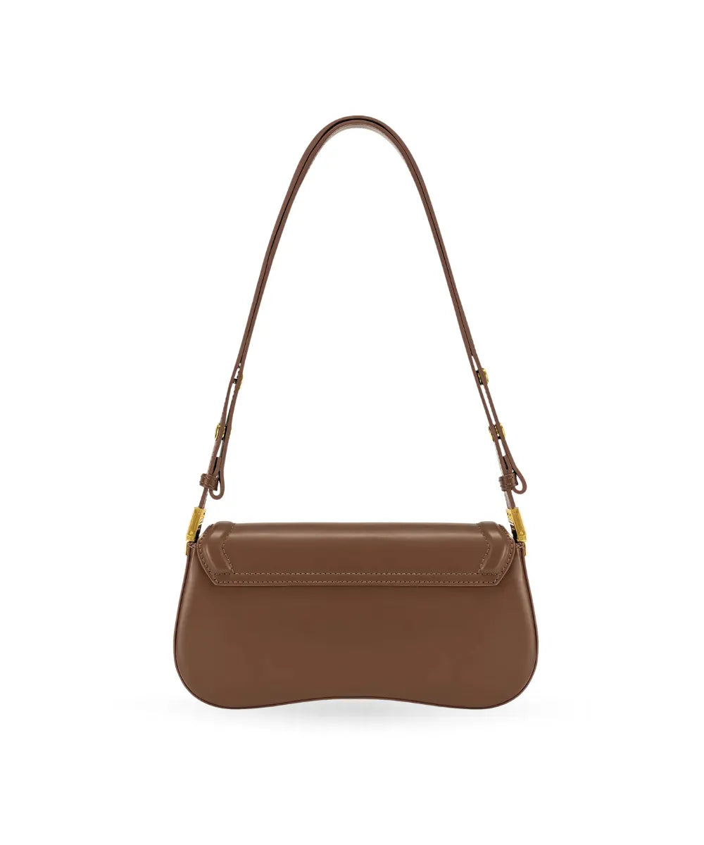 Back profile of the JW PEI Joy bag in brown, showing its structured silhouette and strap design