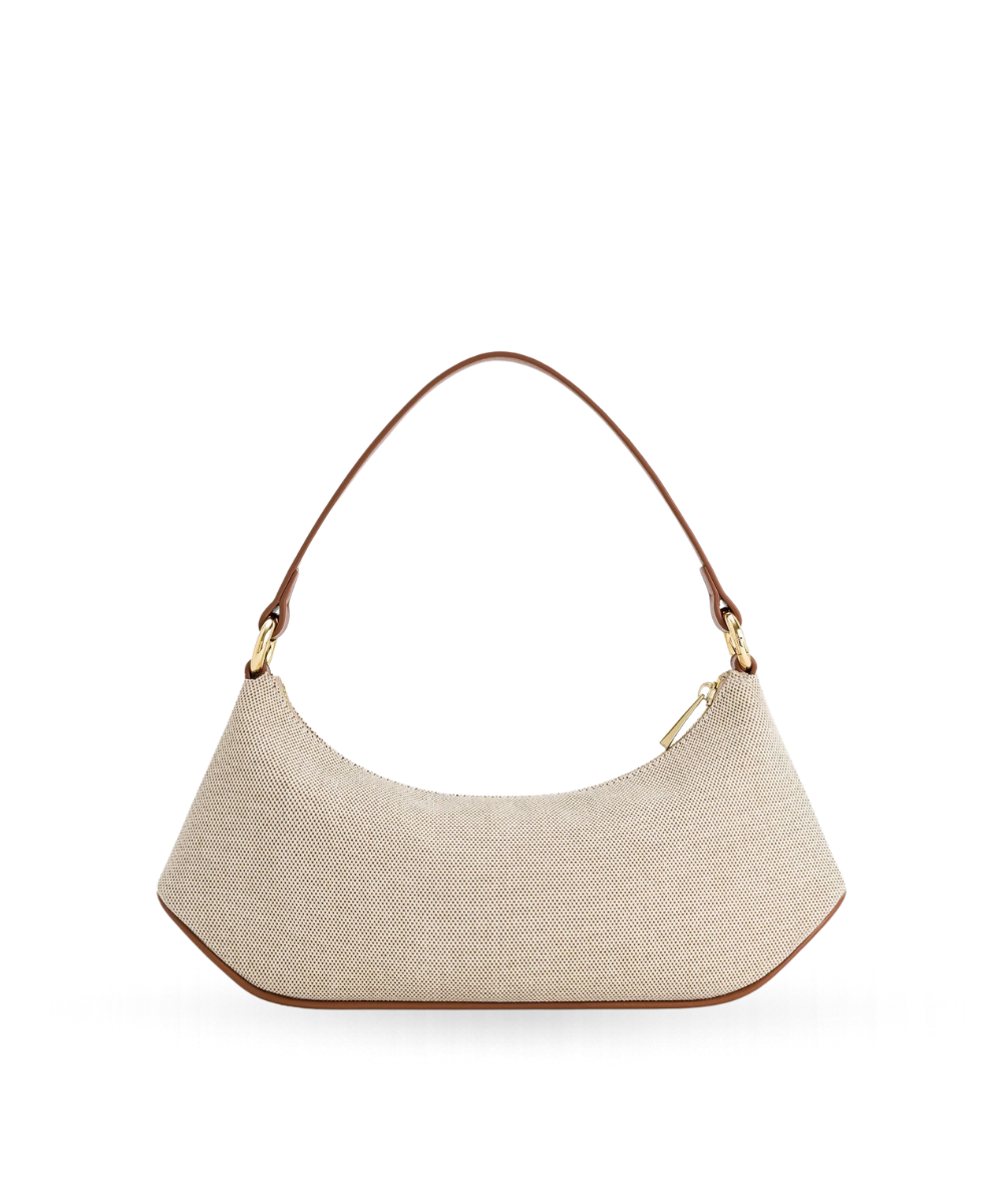 Back profile of the JW PEI Lily bag in brown canvas, showing its structured silhouette and strap design