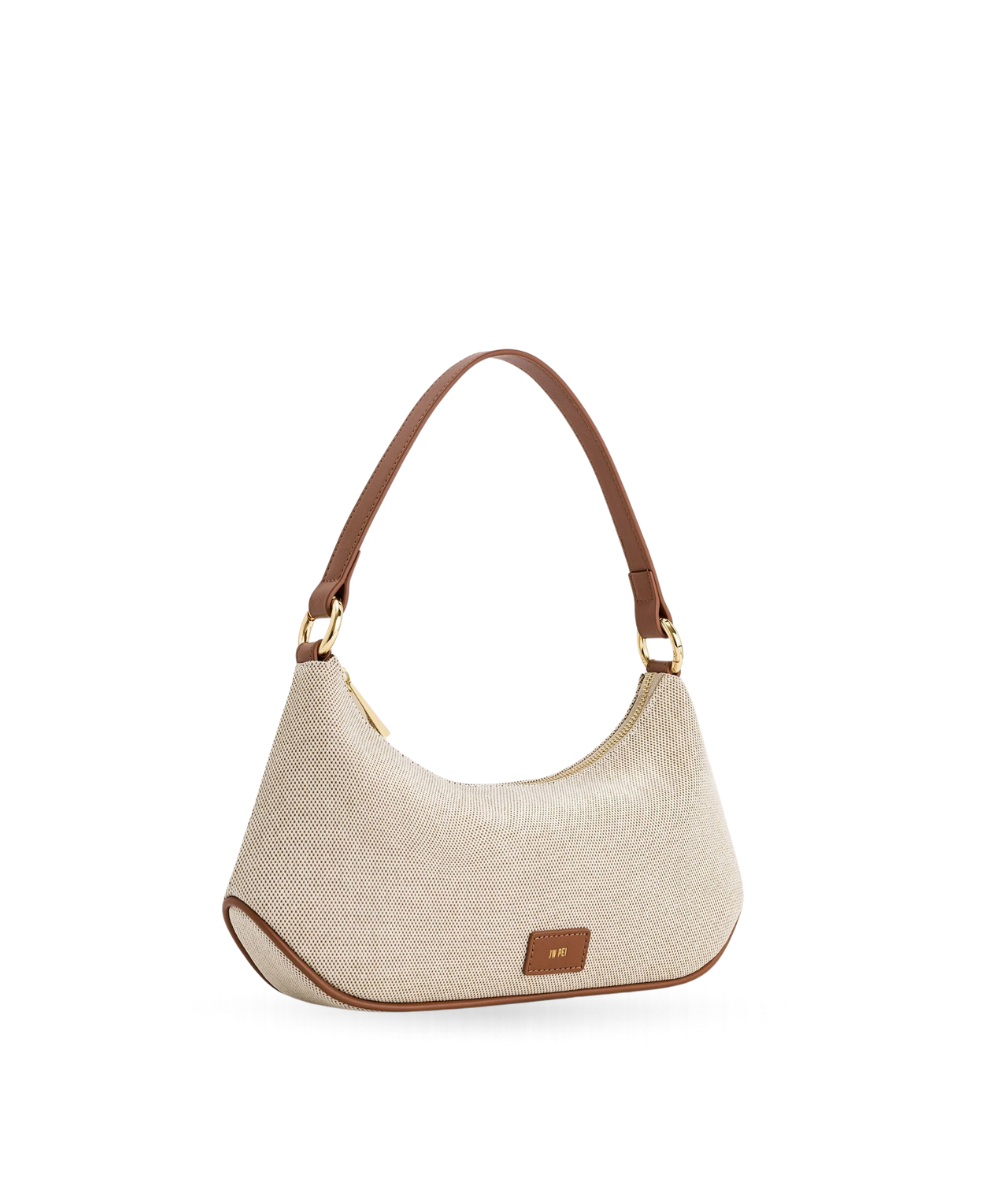 Side profile of the JW PEI Lily bag in brown canvas, showing its structured silhouette and strap design