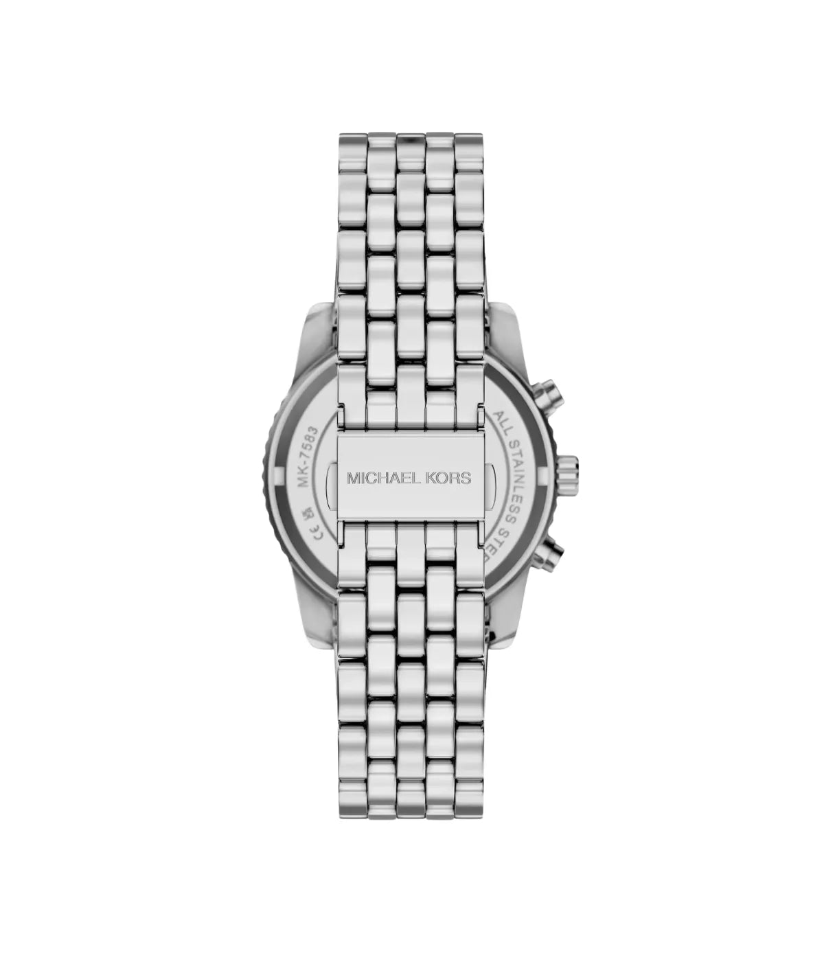 Back view of the Michael Kors Bryant MK7583 showing the stainless steel case back and silver bracelet or strap