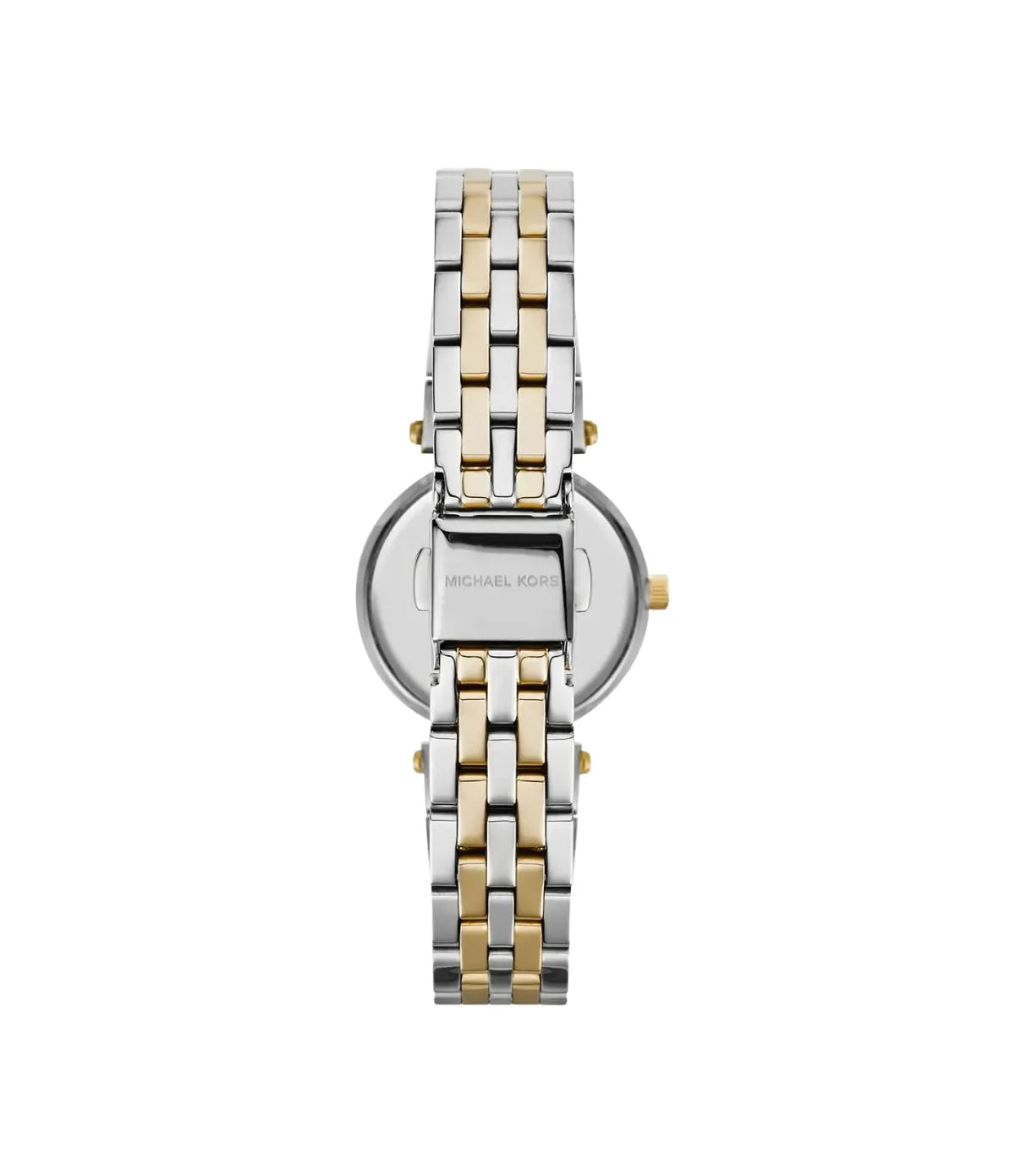 Back view of the Michael Kors Darci MK3323 showing the stainless steel case back and rose gold bracelet or strap
