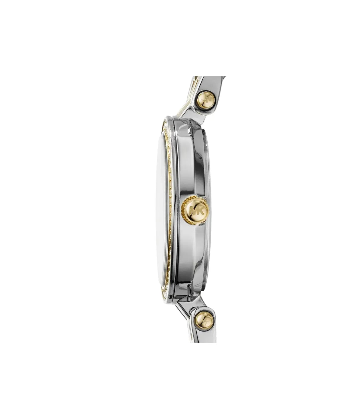 Side profile of the Michael Kors Darci MK3323 showing the stainless steel case, crown and rose gold bracelet or strap