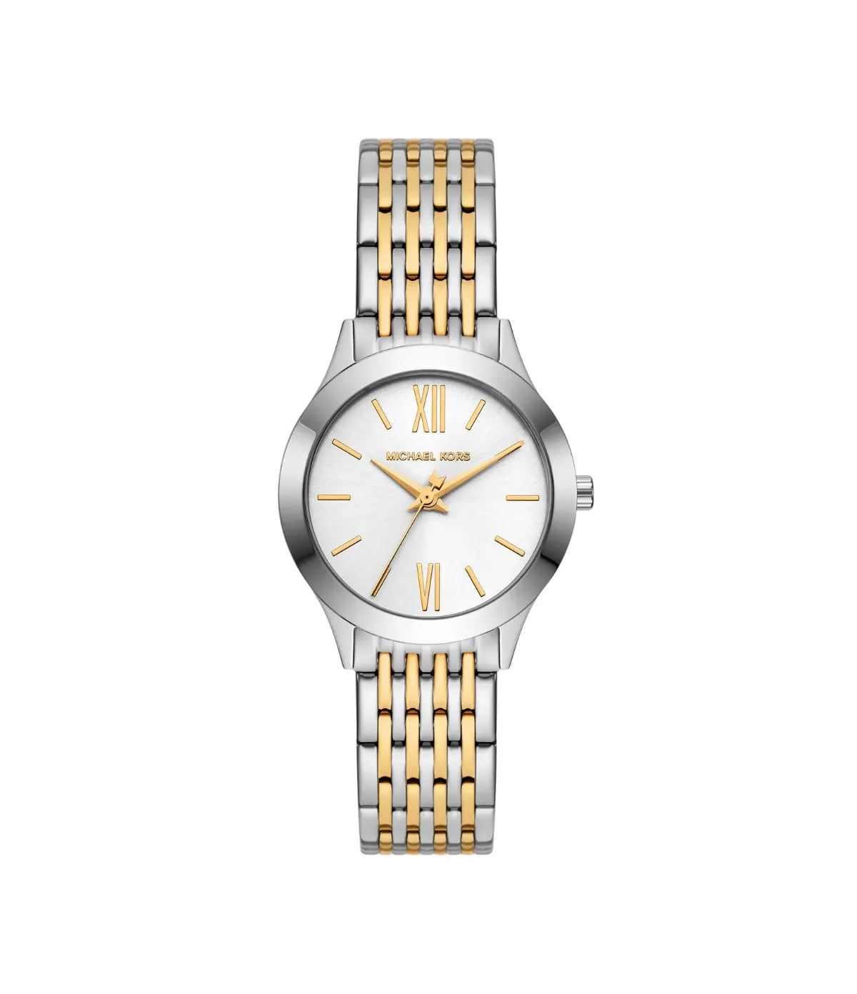 Mini Aspyn 33mm Two-Tone Watch MK01217 front view - women's Michael Kors watch with silver dial and silver and gold finish, available in Sri Lanka at Time Vault